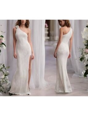 🎉HP Ronny Kobo BHLDN Owena XS 0/2 OffWhite 1-Shoulder Lace Column Bridal Wedding